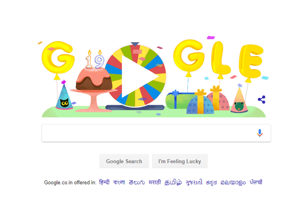 Google is celebrating its 19th birthday with a “Surprise Spinner”