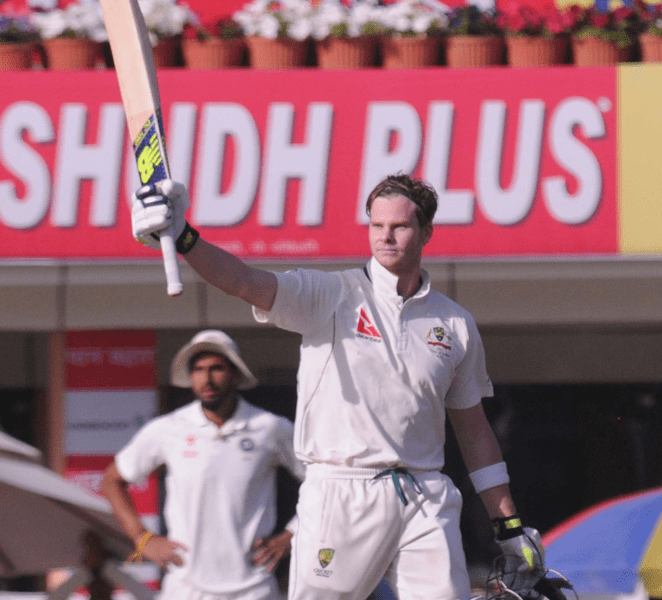 <p>Australian Skipper Steve Smith celebrates his Century on the first day of the third Test match against India at JSCA stadium in Ranchi on Thursday.</p>
