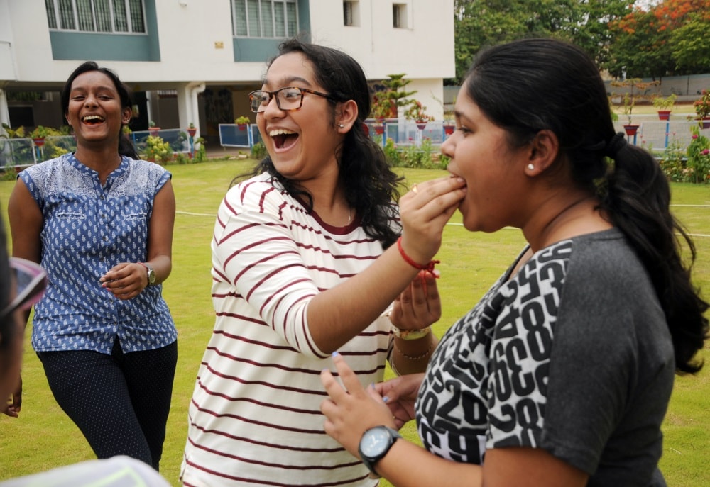 <p>Students in Ranchi celebrate scoring high points in CBSE Class12 results declared on Sunday.</p>
