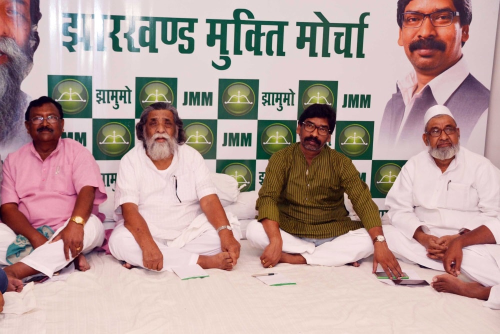 <p>Jharkhand Mukti Morcha in action.Its founder and Chief Sibu Soren (second from left) and Opposition party leader and his son Hemant Soren(third from left) during Party Working Committee…