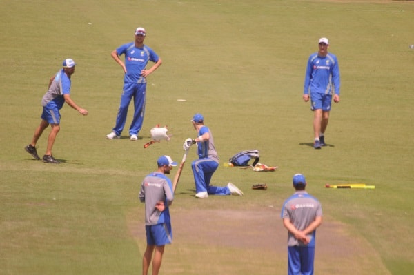 <p>Australia team members practice inside Jharkhand State Cricket Stadium ahead of their Third Test Match against India in Ranchi.</p>
