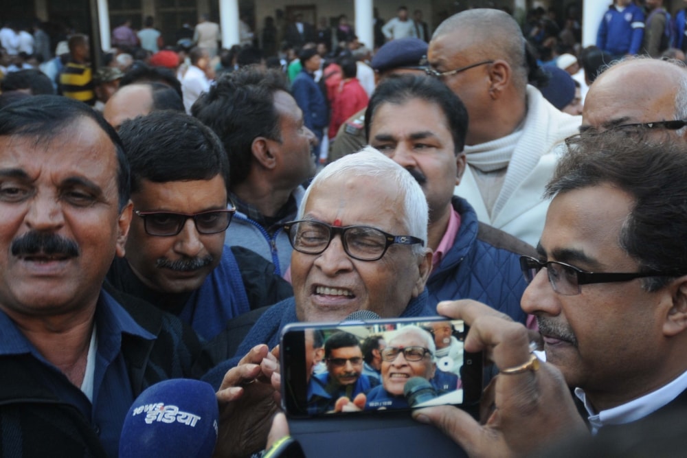 <p>Former Bihar Chief Minister Jagarnath Mishra talks with media persons after being clean-chit by the special CBI court in connection with Multi-Crore fodder scam case in Ranchi on…