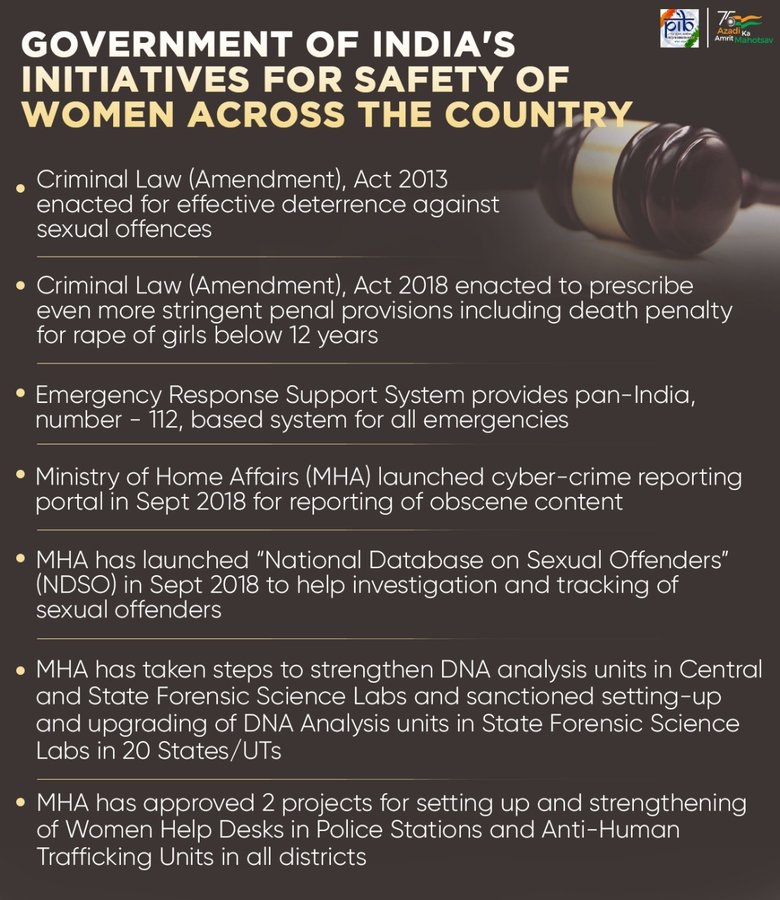 <p>Government of India has taken many initiatives for safety of #women across the country. Here are a few of them---<br /> @HMOIndia<br />  <br /> @PIB_India<br />  <br />…