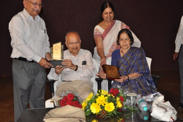 <p>Seen in the picture (sitting from Left to Right) Indian cosmologist, Dr Jayant Vishnu Narlikar and his wife Mangala Narlekar,Mathametics Researcher were given momentos at Aryabhatt…