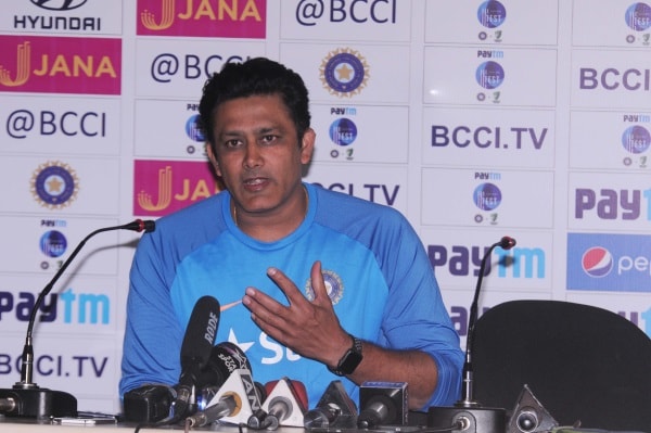 <p>Indian team coach Anil Kumble during a press conference ahead of Third Test Match between India and Australia at JSCA stadium in Ranchi</p>
