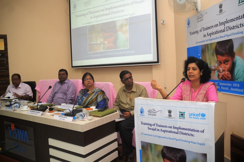 <p>Drinking Water and Sanitation Minister Chandra Prakash Choudhary addresses a gathering during the inaugural ceremony of "Training of Trainers on Implementation of Swajal in…