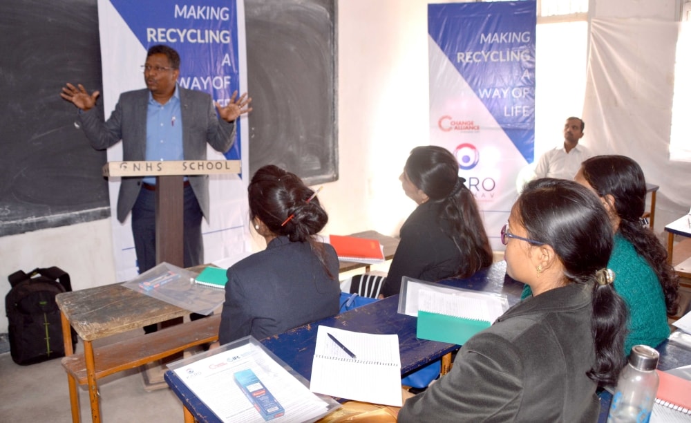 <p>Jharkhand State Manager of  Change Alliance, Johnson Topno addresses gathering during the workshop on School Awareness programme-E-Waste Management at Guru Nanak School in…
