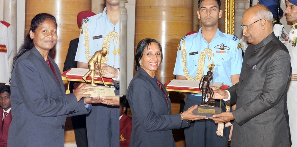 <p>President Ram Nath Kovind presented Dhyan Chand Award to hockey player Asunta Lakra (L) and the Tenzing Norgay National Adventure Award to  Premlata Agrawal for Land Adventure…