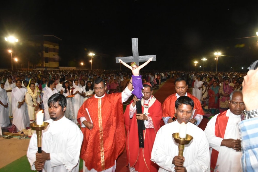 <p>Cardinal Telespher P Toppo re-enacts the crucifixion of Lord Jesus Christ on Good Friday in Ranchi.<strong> </strong>Good Friday is observed before Easter Sunday, as Christian…