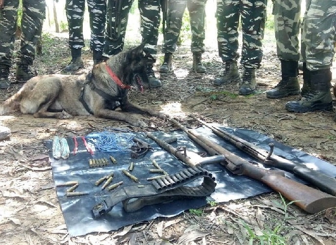 <p>A dog helps security men recover arms: CRPF used their highly trained dog during their search operation in Naxal infested areas and recovered today arms and ammunitions inside Katya…