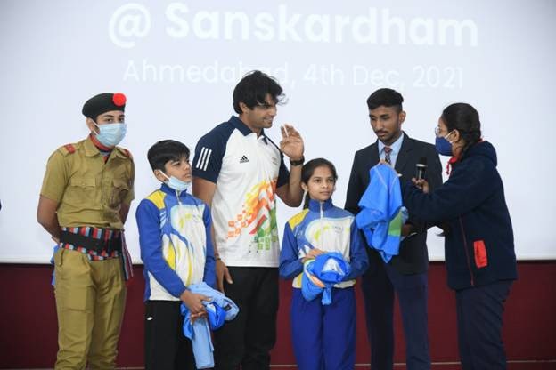 Olympic Games Javelin Throw Champion Neeraj Chopra enthrals students from 75 schools at Sanskardham