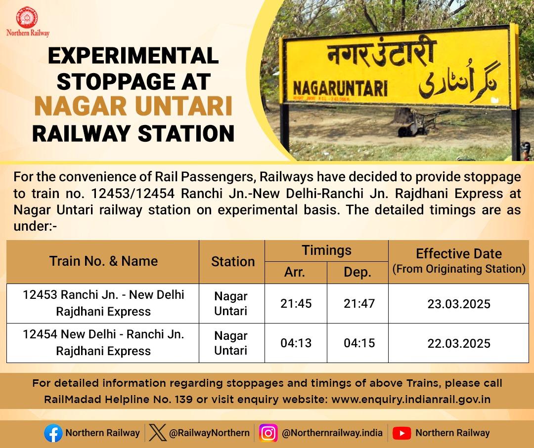 Ranchi- New Delhi Rajdhani Express train to halt at Nagar Untari railway station 