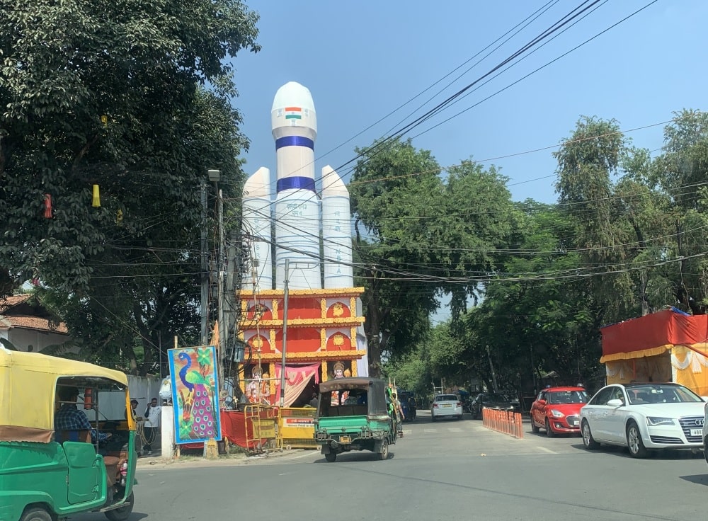 Durga Puja pandals are powered by private companies’ ads along roadsides in Ranchi 
