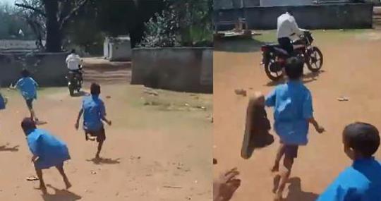 School children chased away a drunk teacher by throwing shoes and slippers